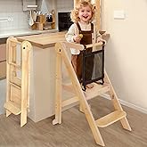 Foldable Toddler Tower with Safety Nets, 3 Adjustable Height Learning Tower | FSC-Certified Wooden , Stable Foot Pads , Safety Rail,Space Saving ,18 Months to 6 Years , for Kitchen, Bathroom, Study Room