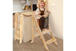 DOERPUZ Foldable Toddler Tower, 3 Adjustable Height Toddler Standing Tower, Wooden Kids Kitchen Stool Helper with Safety Rails, Space Saving Kids Step Stool - Ages 18 Months to 6 Years