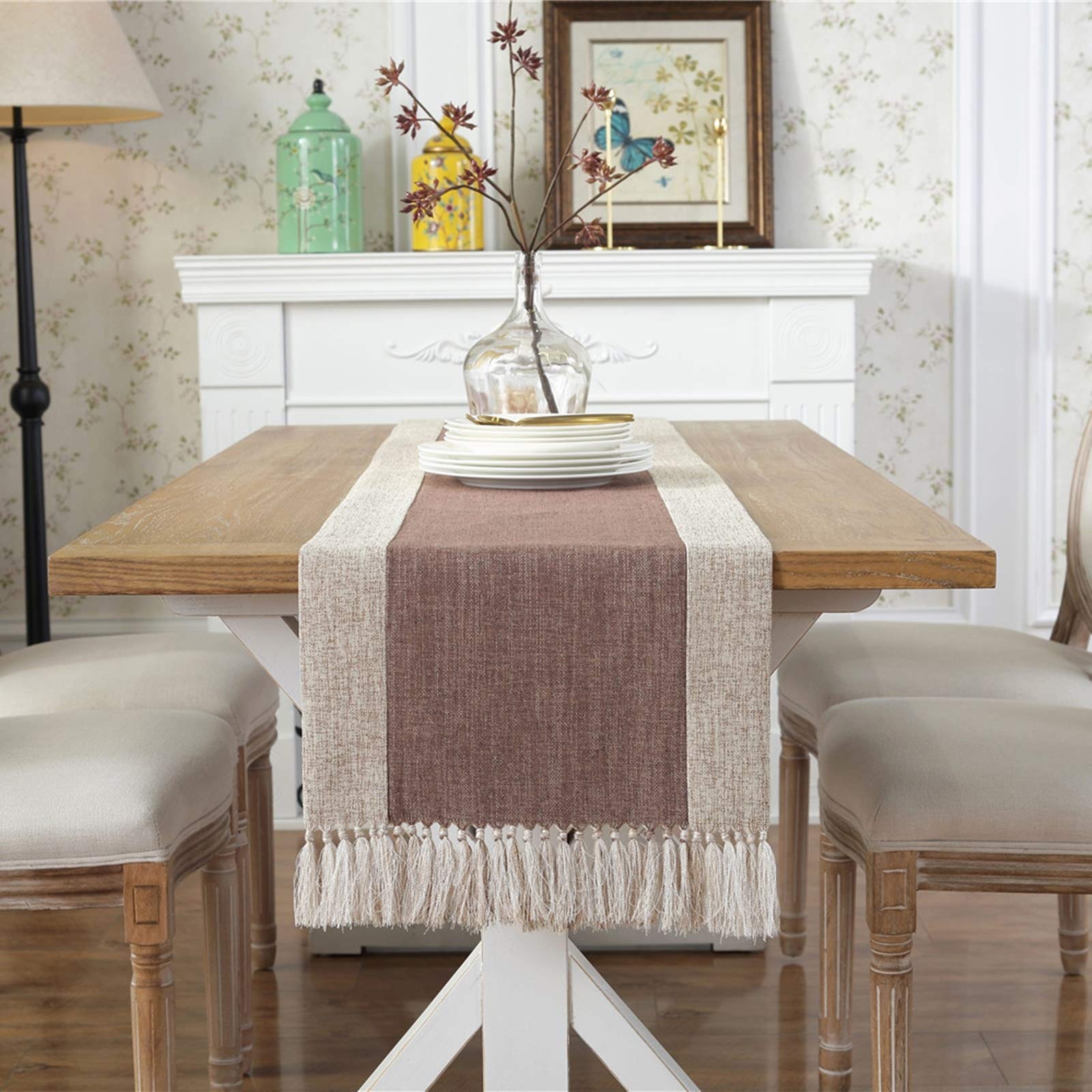 Daesar Table Runner 15x96 Inch, Table Runner Cotton Linen Brown Splicing With Tassel Dining Table Runner Elegant