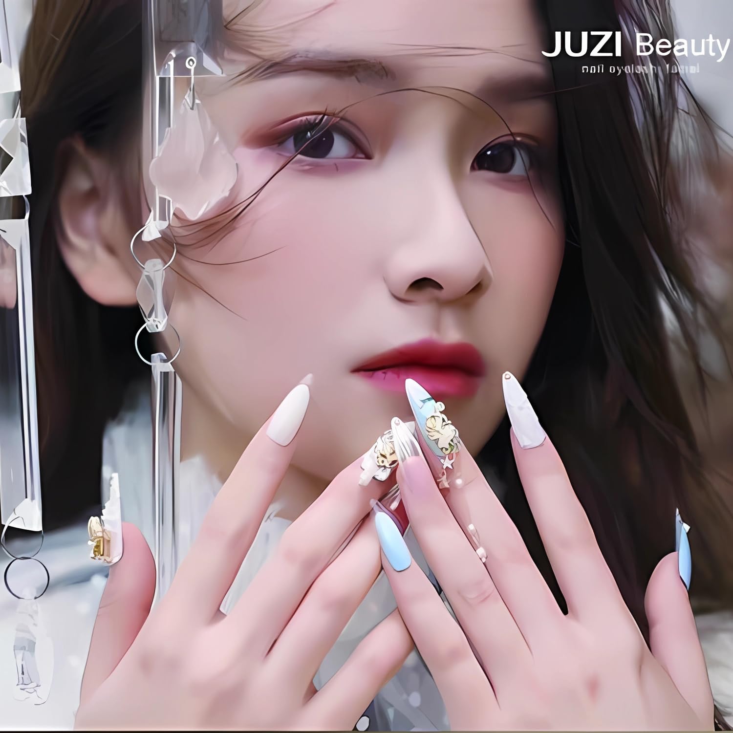 24 Pcs Press on Almond Medium French Tip Acrylic Fake Nails with Fruit Colorful Swirl Patterns Designs Full Cover Reusable False Nails Set for Women Glue on Stick on Nail Art - Image 6