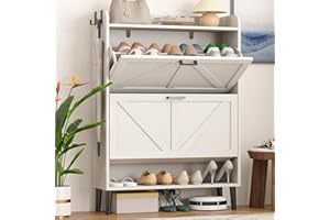HOMEFORT Shoe Storage Cabinet for Entryway, Slim Shoe Organizer with Two Flip Drawers, Narrow Shoe Rack Cabinet with Wood Legs, Farmhouse Hidden Shoe Cabinet for Front Door Entrance,Antique White