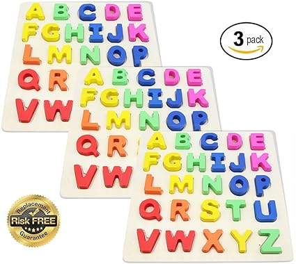 EasY Kids ToY Wooden Peg Puzzle 3 Pack with Colorful Letters of The Alphabet Best Jigsaw Game for Children to Learn an Have Fun. ABC Sorting Puzzle for Kids, They are Entertained for Hours