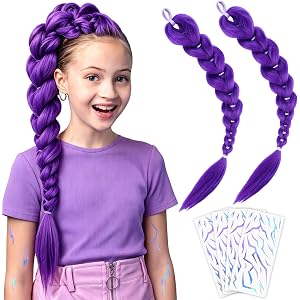 Czlotyh 1 Set 24 Inch Kpop Purple Braids Ponytail Extension Hair | Braiding Hair Long Purple Cosplay Wig With 4 Pcs Laser Lig