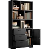 IRONCK 70.9-Inch Bookcase with Doors and 3 Drawers, Black | 6 Open Cubes for Display and Storage, Ample Storage for Books and Decor, Suitable for Living Room, Home Office