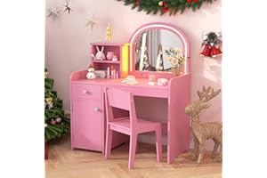 INFANS Kids Vanity, Princess Makeup Desk and Chair Set with Lights Mirror Drawer Storage Shelves, Wooden Dressing Table, Pretend Play Vanity Set for Girls