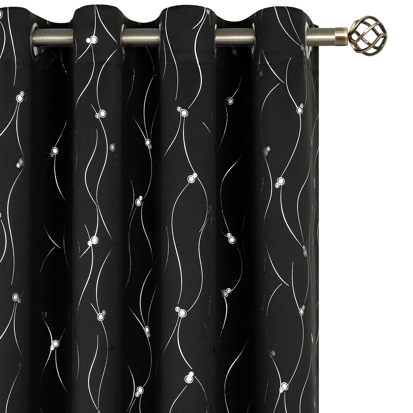 BGment Blackout curtains for Bedroom 2 Panels with Silver Wave Line and Dots Pattern, Thermal Insulated Room Darkening Eyelet Curtains, Black, 46 x 54 Inches
