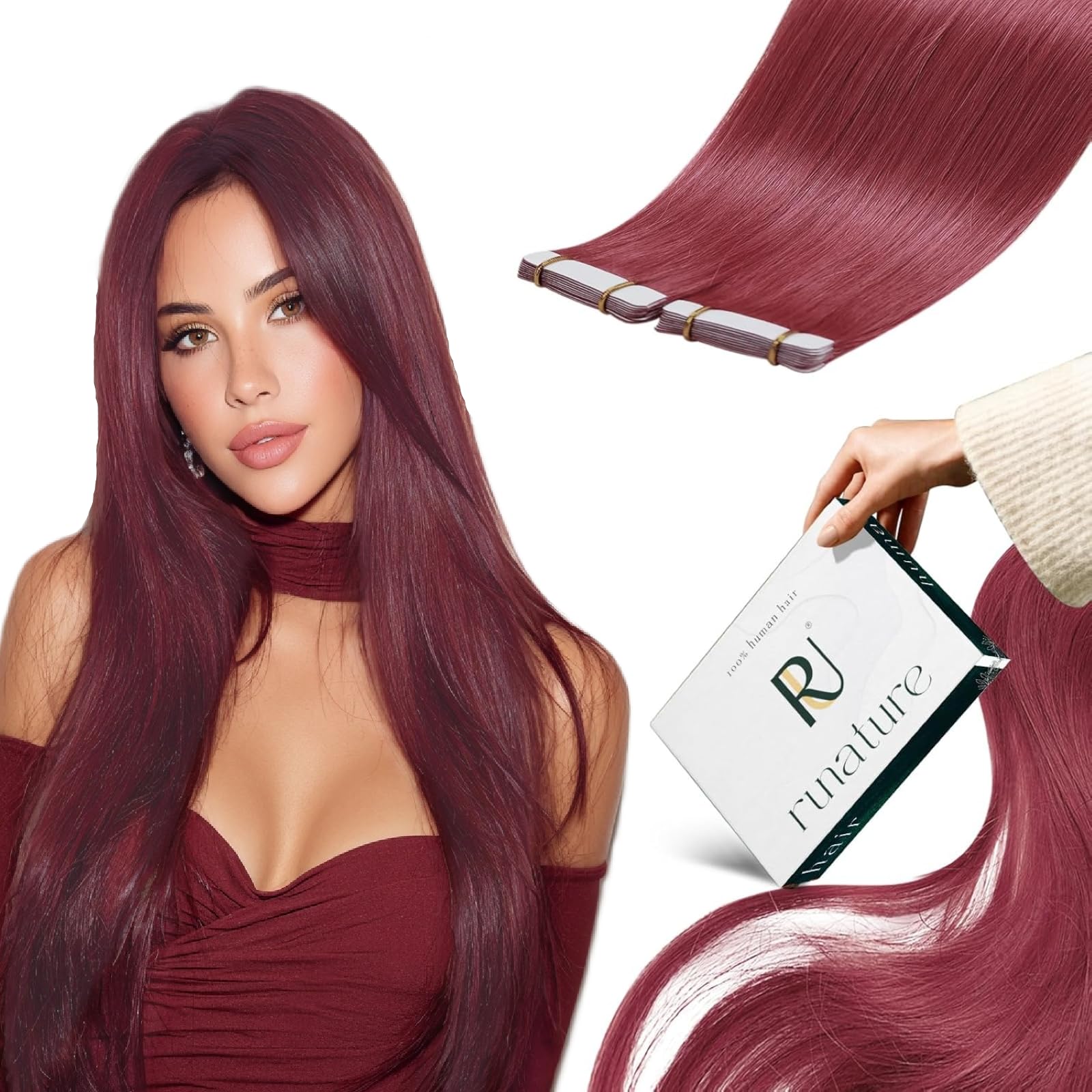 RUNATURE 22Inch Tape in Hair Extensions Human Hair Colored Burgundy Hair Extensions Tape in Real Hair Colorful Tape Hair 25g — image 1