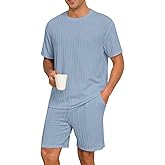 PrinStory Mens Pajamas Set Summer Pjs Sets Lightweight Short Sleeve Pajama Shorts Set Soft Sleepwear Loungewear with Pockets