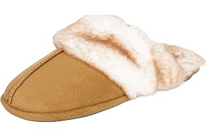 Jessica Simpson Women's Comfy Faux Fur House Slipper Scuff Memory Foam Slip on Anti-Skid Sole