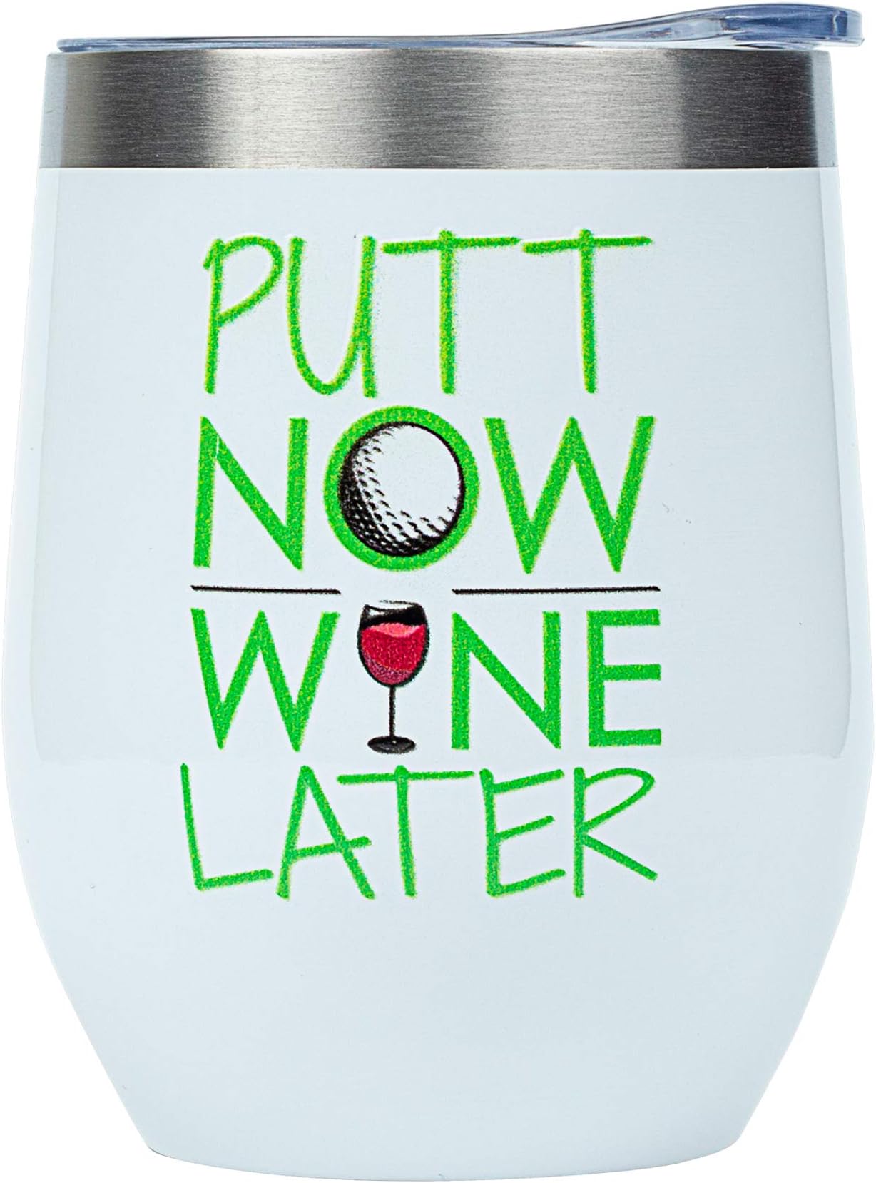 Golf Gifts for Women - "Putt Now, Wine Later" - 12 Ounce Stainless Steel Wine/Coffee Tumbler Mug w Sliding Lid and Straw - Funny Golf Wine Glass Themed Stuff for Golfing Women - Gifts for Golfers