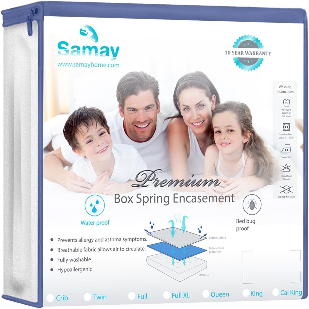 Samay - Zippered Waterproof & Bed Bug Proof Box Spring Encasement Cover - King Size (for Split King Box Srpings) 39 x 80 Inches