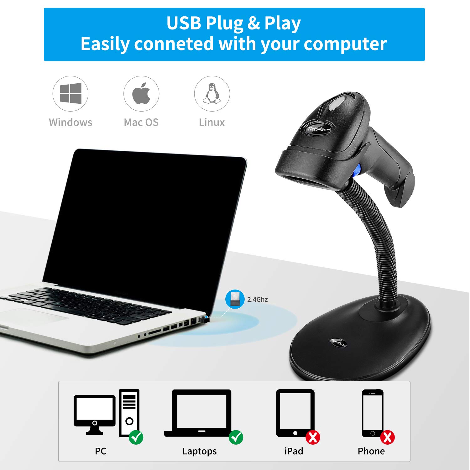 NetumScan Wireless Barcode Scanner with Stand, Portable Automatic Barcode Reader 2-in-1 (2.4G Wireless & USB 2.0 Wired QR Code Scanner for Warehouse POS and Computer (1D)