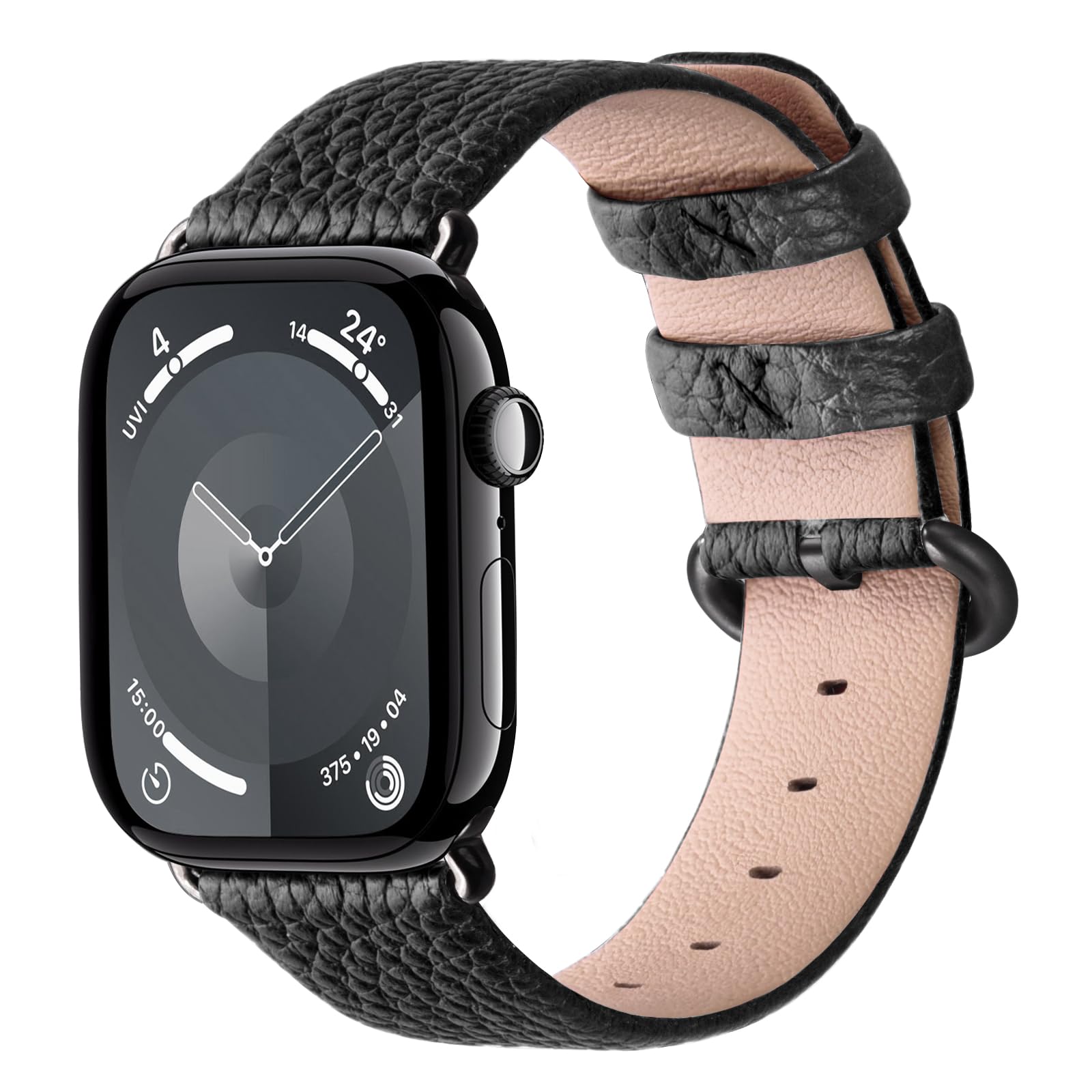 Fullmosa Leather Strap Compatible with Apple Watch Strap 38mm 40mm 41mm 42mm，Leather Replacement Band for iWatch Series 11 10 9 8 7 SE3 SE2 SE 6 5 4 3 2 1，Black+Smoky grey hardware