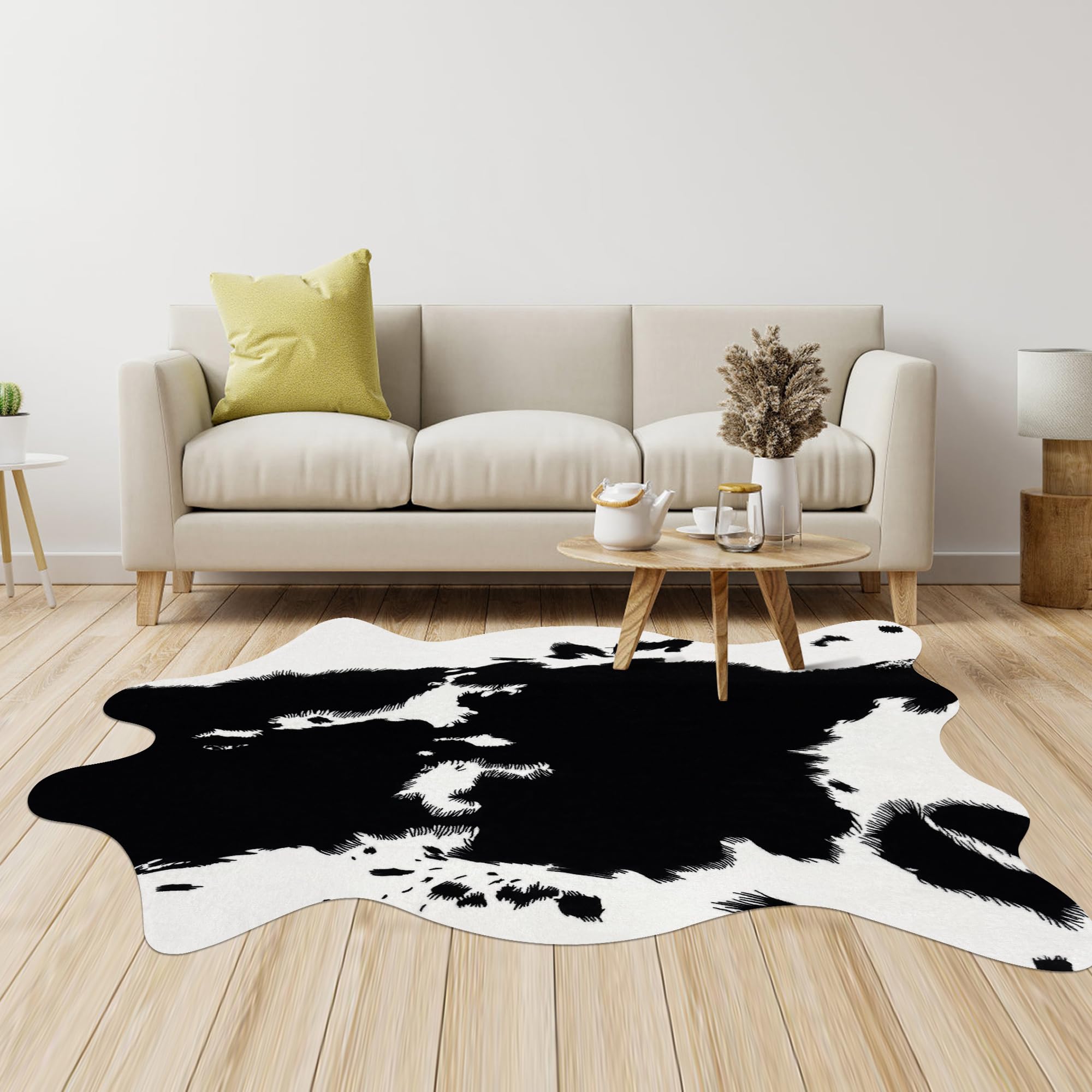 Photo 1 of Aoczes Cow Print Area Rug Large Faux Cowhide Rug 4.6x5.2 Feet Animal Printed Carpet Faux Cow Hide Rugs for Bedroom Living Kids Room Office Western Home Decor Mat, Black Cow Print