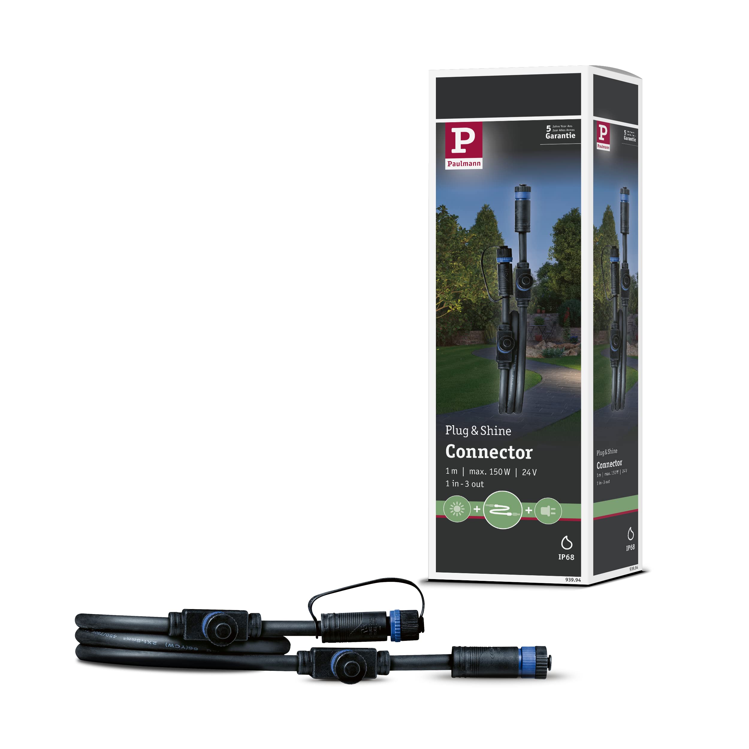 Paulmann 93994 Outdoor Plug & Shine Cable IP68 1m 1 in-3out 2x1,5qmm Black Plastic, 100 x 1.5 x 1.5 cm