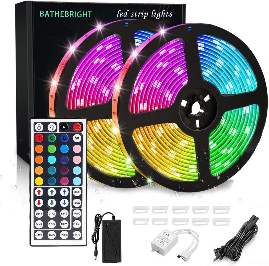 BATHEBRIGHT Led Strip Lights Waterproof 600Leds 32.8ft 10m Waterproof Flexible Color Changing RGB SMD 5050 600Leds LED Strip Light Kit 44 Keys IR Remote Controller 12V 6A Power