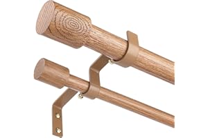 WOLISTSA Wood Double Curtain Rods for Windows 66 to 120 Inch, Adjustable Decorative 1 Inch Heavy Duty Dual Curtain Rod, Boho Farmhouse Long Window Treatment Rods with Modern Faux Wood Grain Finials