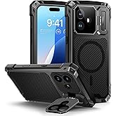 Lanhiem Magnetic for iPhone 16 Plus Metal Case with Camera Cover & Stand [Compatible with MagSafe] [Built-in Kickstand] [Military-Grade Protection] Heavy Duty Rugged Phone Case, (Black)
