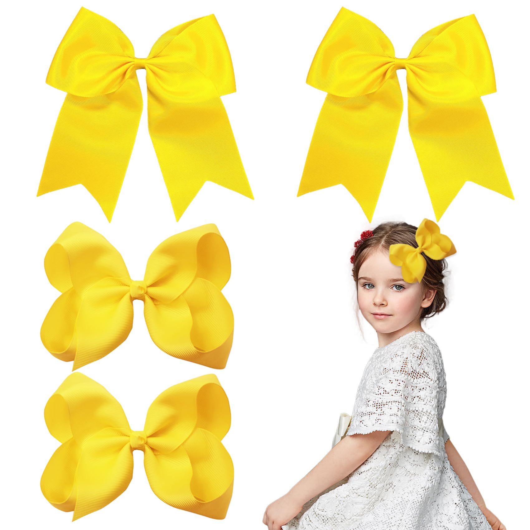 4 Pack Large Hair Bows, Yellow Bow Hair Clips for Girls Women Hair Barrettes, 8 Inch, 6 Inch