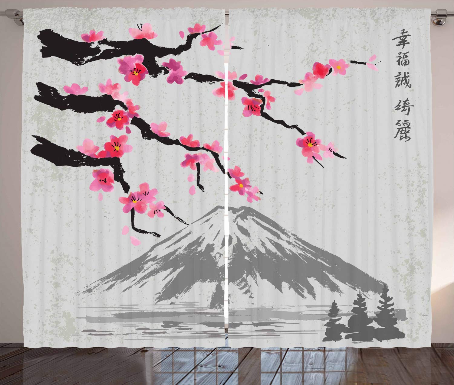 ABAKUHAUS Japanese Curtains, Greyscale Grunge Background with Fujiyama Mountain and Cherry Blossoms, Living Room Bedroom Window Drapes 2 Panel Set, 280 x 175 cm, Magenta Gray