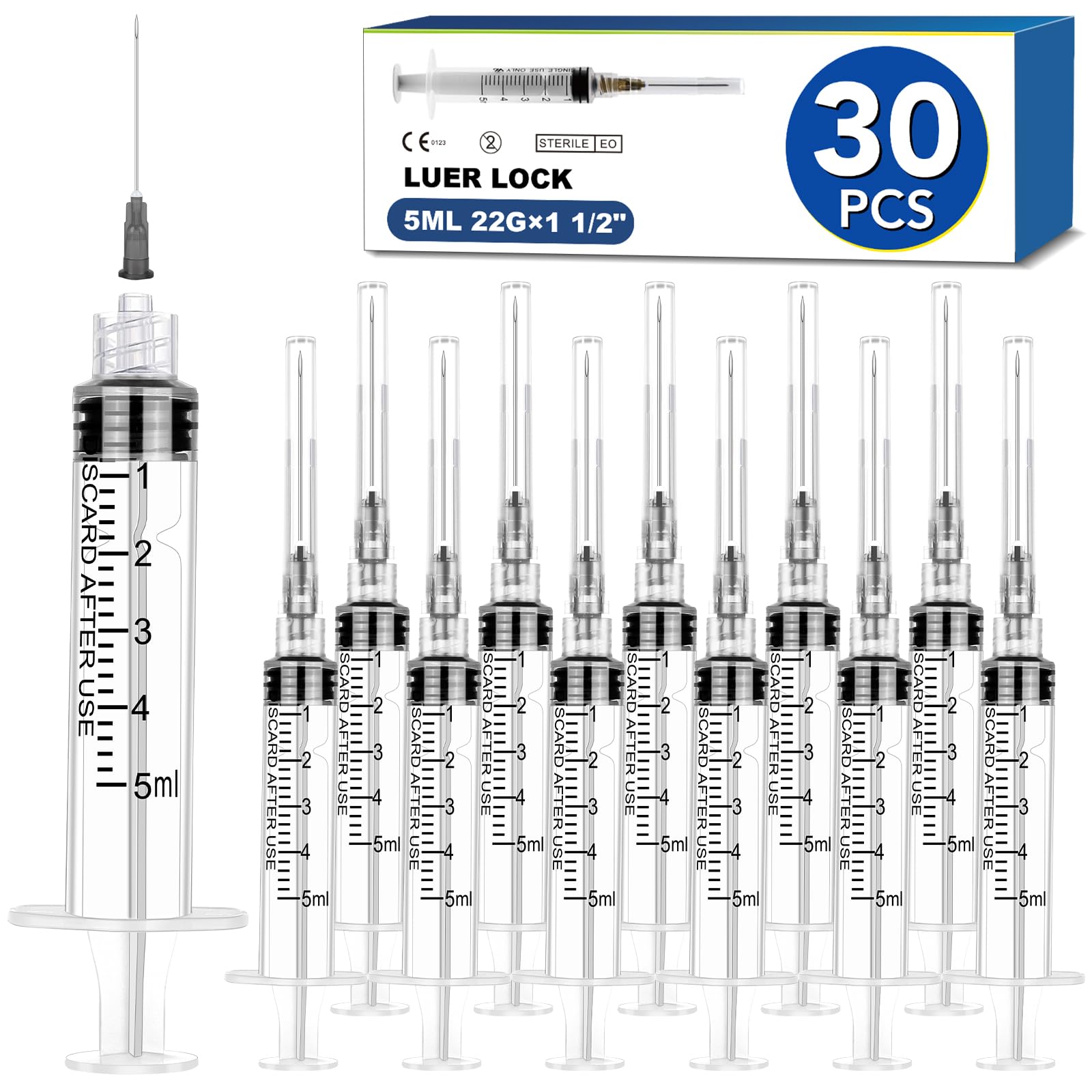 TENKAIWICK 30 Pack 5ml Syringes with Needle-22Ga
