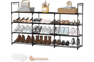 DYJIEKAI 3 Row 4 Tier Long Shoe Rack, Black Metal Stackable Shoe Shelf with Multifunctional Hooks, Shoe Storage Hold 24-30 Pa