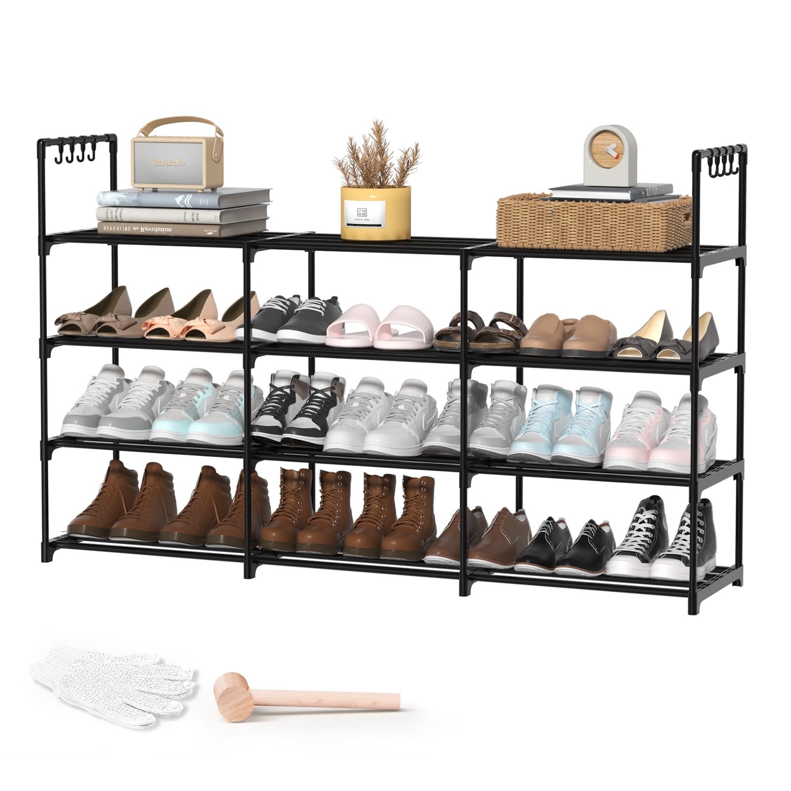 Photo 1 of DYJIEKAI 3-Row 4-Tier Shoe Rack, Black Metal Stackable Shoe Shelf with Multifunctional Hooks, Hold 24-30 Pairs, Space Saving Shoes Organizer for Closet,Show Rack