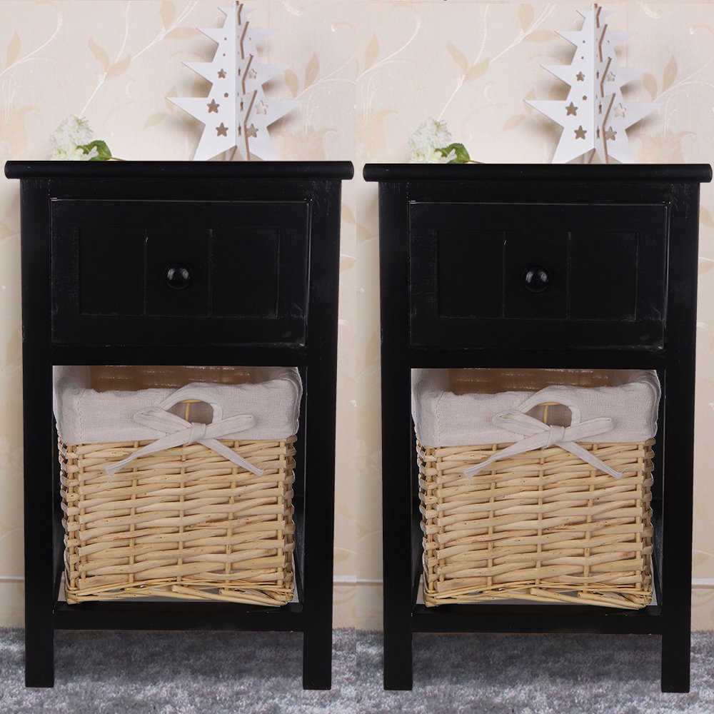 PetHot 2pcs Mesitas de Noche con cajones de Mimbre Shabby Chic Unidad