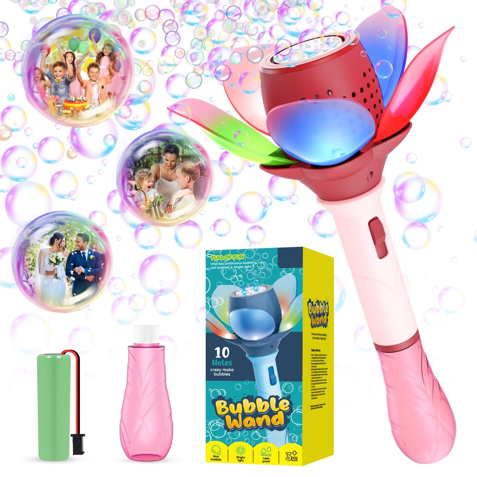 Panamalar Electric Bubble Wand for Kids, Automatic Bubble Machine Light Up Flower Bubble Wand Rechargeable, 10000+ Bubbles/Min Bubble Maker Toys with Lights/120ml Solution for Outdoor Party Wedding