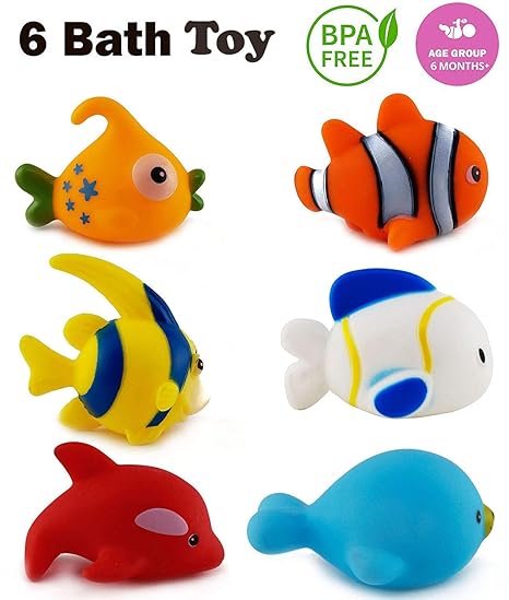 WISHKEY Chu Chu Colorful Floating Bath Toys for Baby Aquatic Fish Animals Set of 6 Non Toxic BPA Free