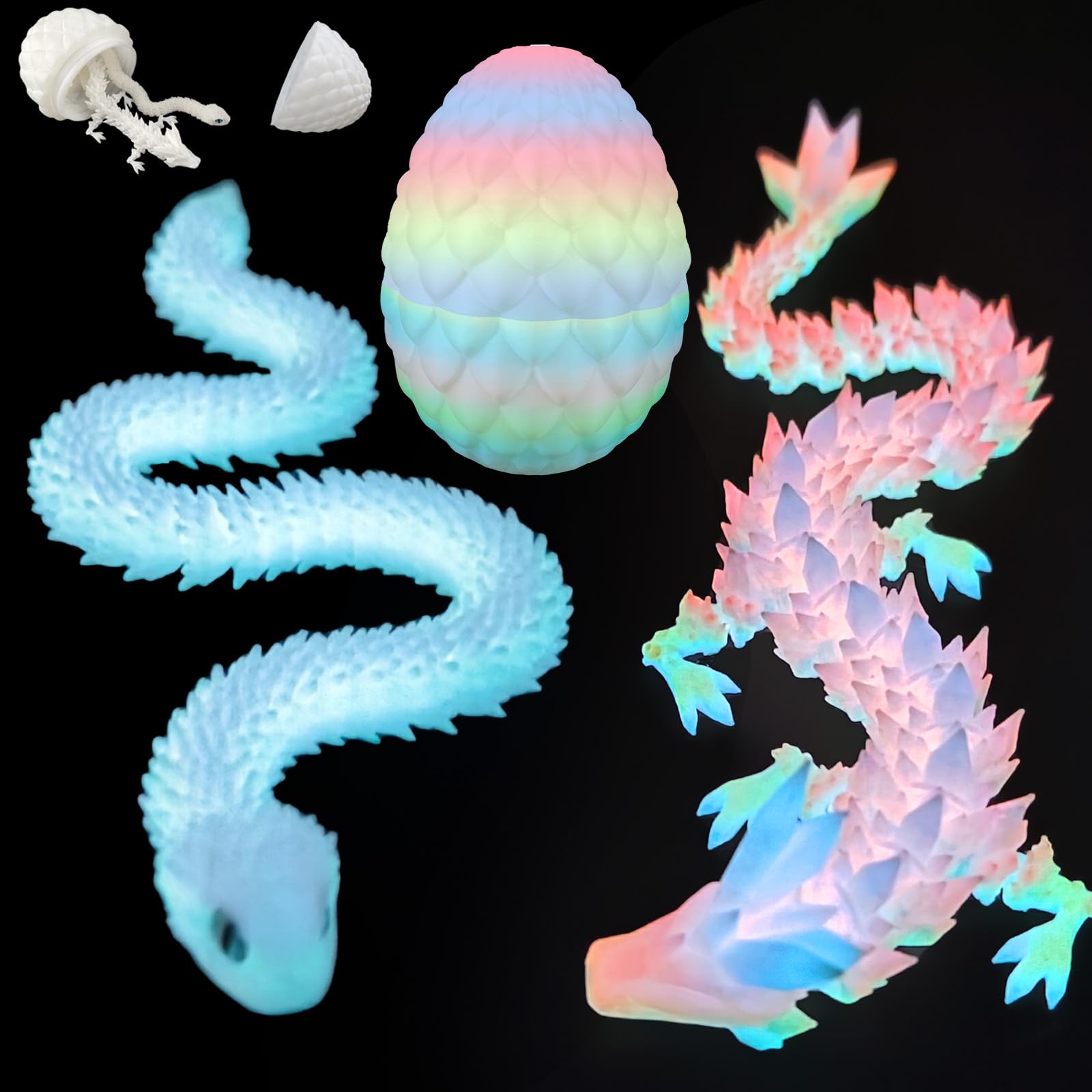 3D Printed Dragon Snake Toys, Flexible 3D Printed Animals Glow in the Dark, Perfect Desk Pet for Animal Collectors, Easter Basket Stuffers, Articulated Crystal Dragon Fidget Toys