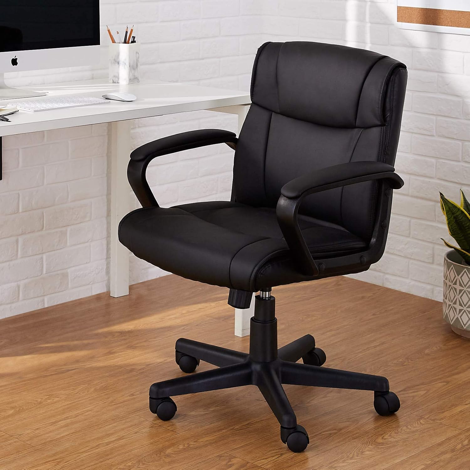 Basics Leather-Padded, Adjustable, Swivel Office Desk Chair with Armrest, Black: Furniture & Decor