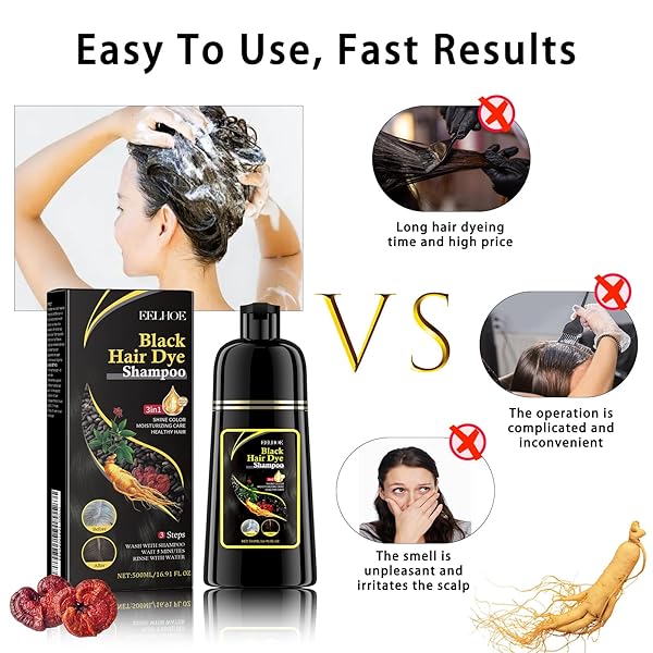 BLACK HAIR DYE SHAMPOO 3 IN 1, SHAMPOO HAIR DYE, HERBAL INGREDIENTS NATURAL BLACK HAIR SHAMPOO, SEMI-PERMANENT GRAY WHITE COVERAGE FOR WOMEN MEN (500ML BLACK）