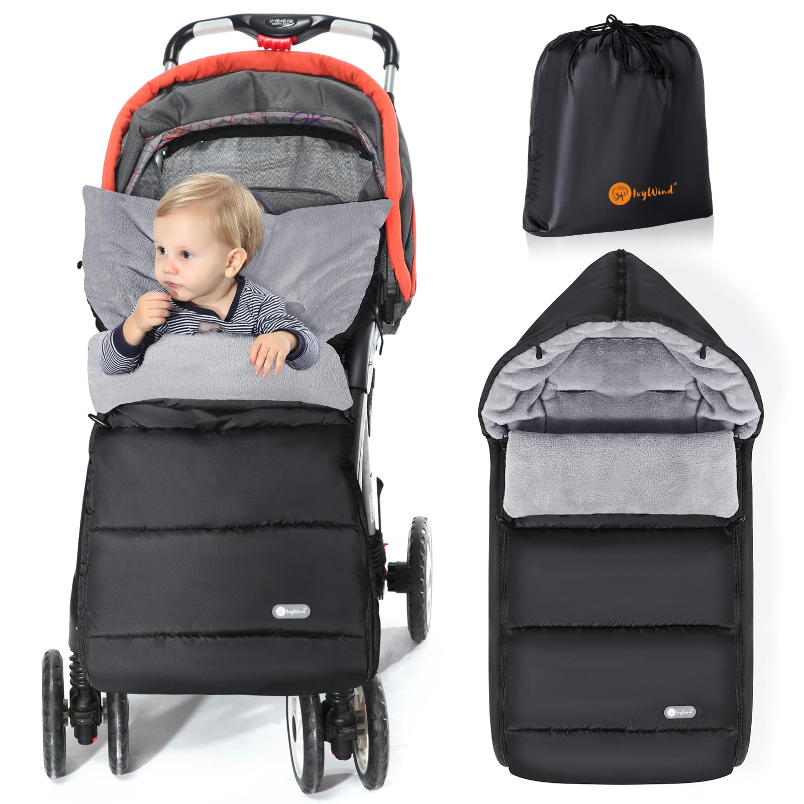 Ivywind Footmuff for Pushchair Universal Footmuff for Stroller, Waterproof Pram Footmuff for Baby with Adjustable Zip, Easy Access, Washable and Detachable, Warm Cationic Fabric, Black n Grey