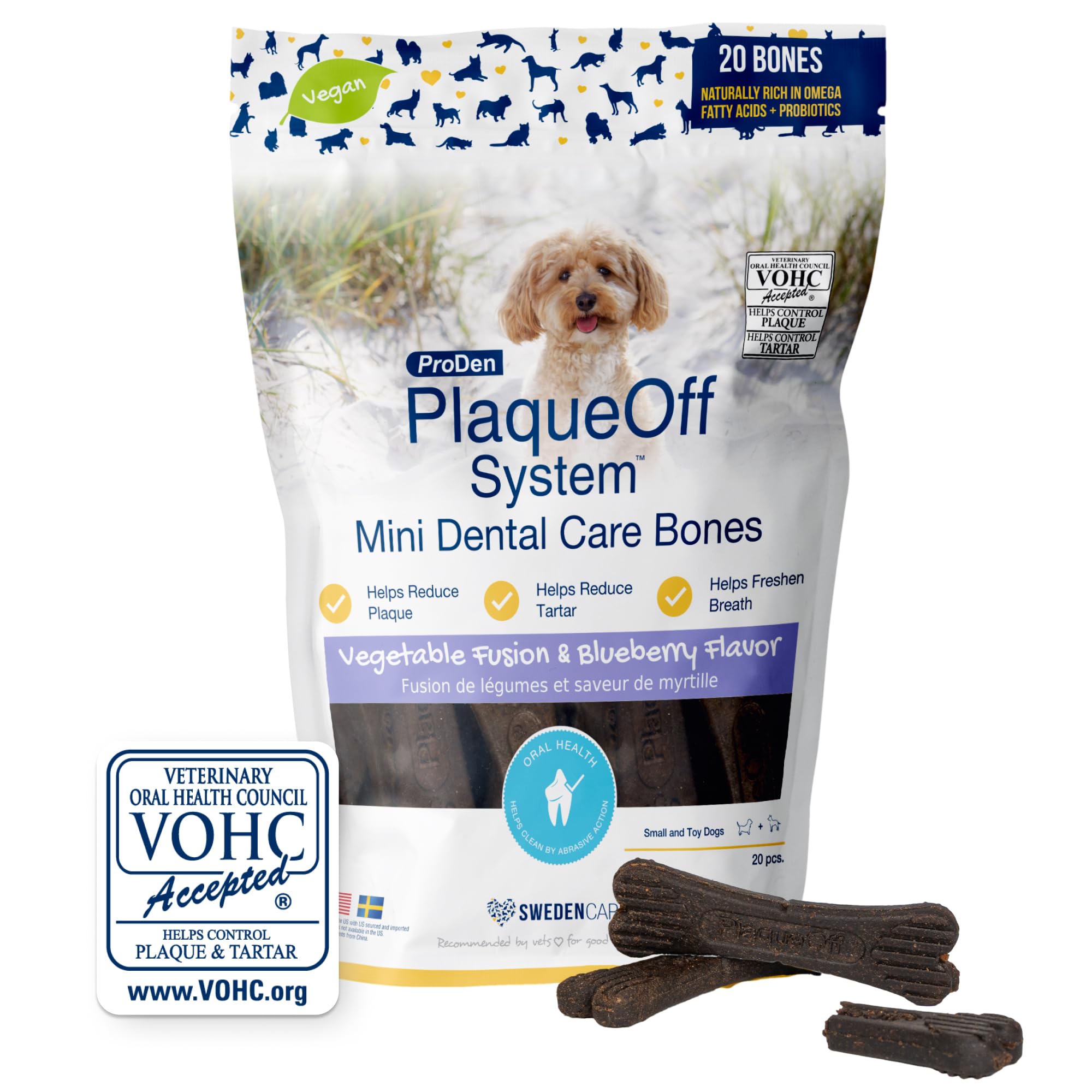 ProDen PlaqueOff 20 Mini Dental Bones for Small Dogs Tartar, Plaque & Bad Breath Remover, Improves Overall Oral Health, Vegetable Fusion and Blueberry