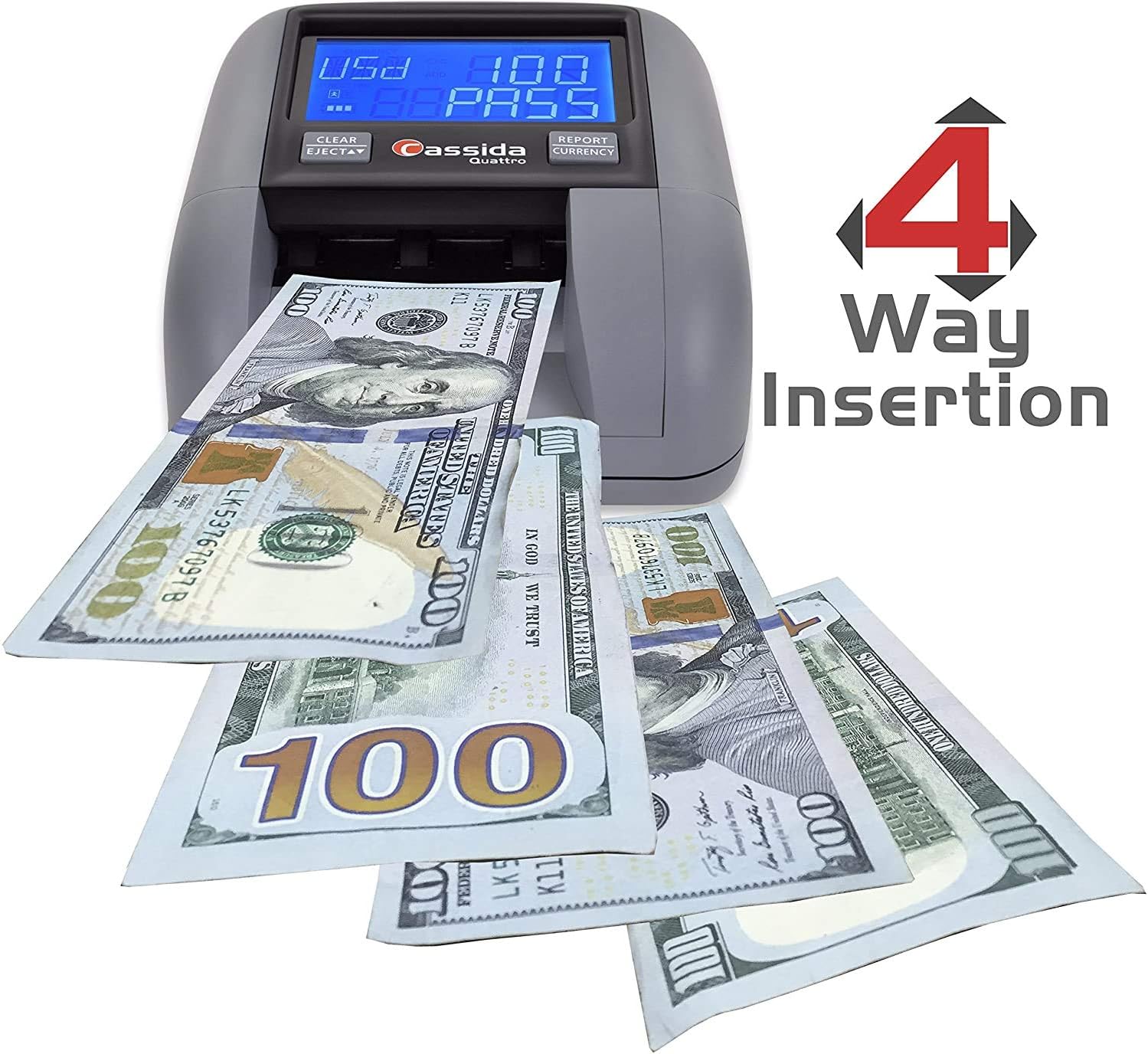 Cassida Quattro Fast Automatic Currency Counterfeit Detector with Advanced Sensors (UV, MG, IR, MT, WT, Thickness, Size) - All-Orientation Feeding - Rechargeable Battery - 3.5" Value & Pass/Fail Display : Office Products