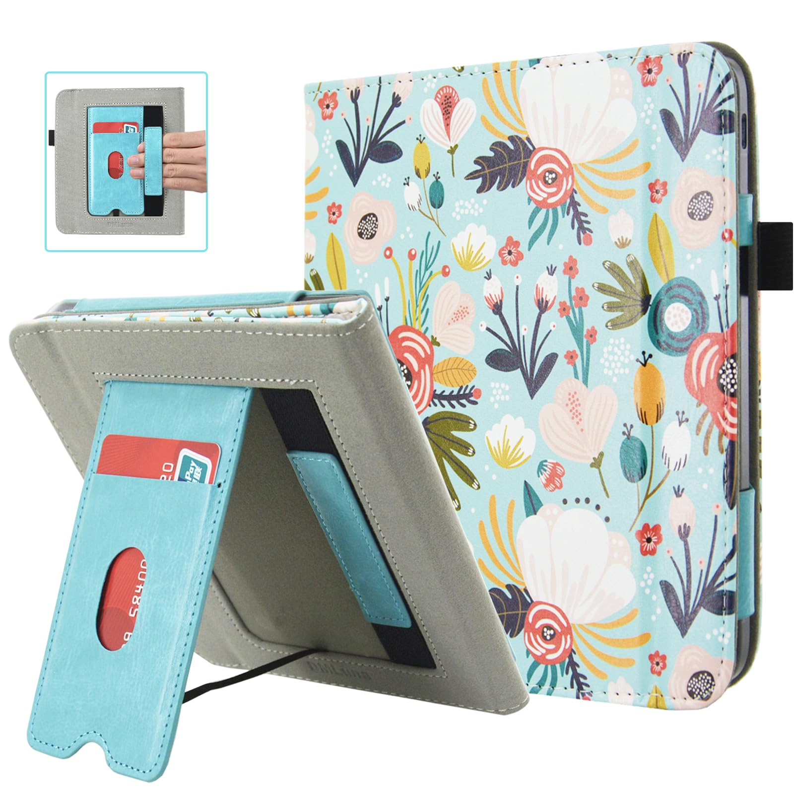 DMLuna Stand Case for Kobo Libra Colour (Model:N428, 2024 Release), Hands-Free Stand Lightweight Premium PU Leather Cover with Auto Sleep/Wake Function, Hand Strap and Card Slot, Hill Flower
