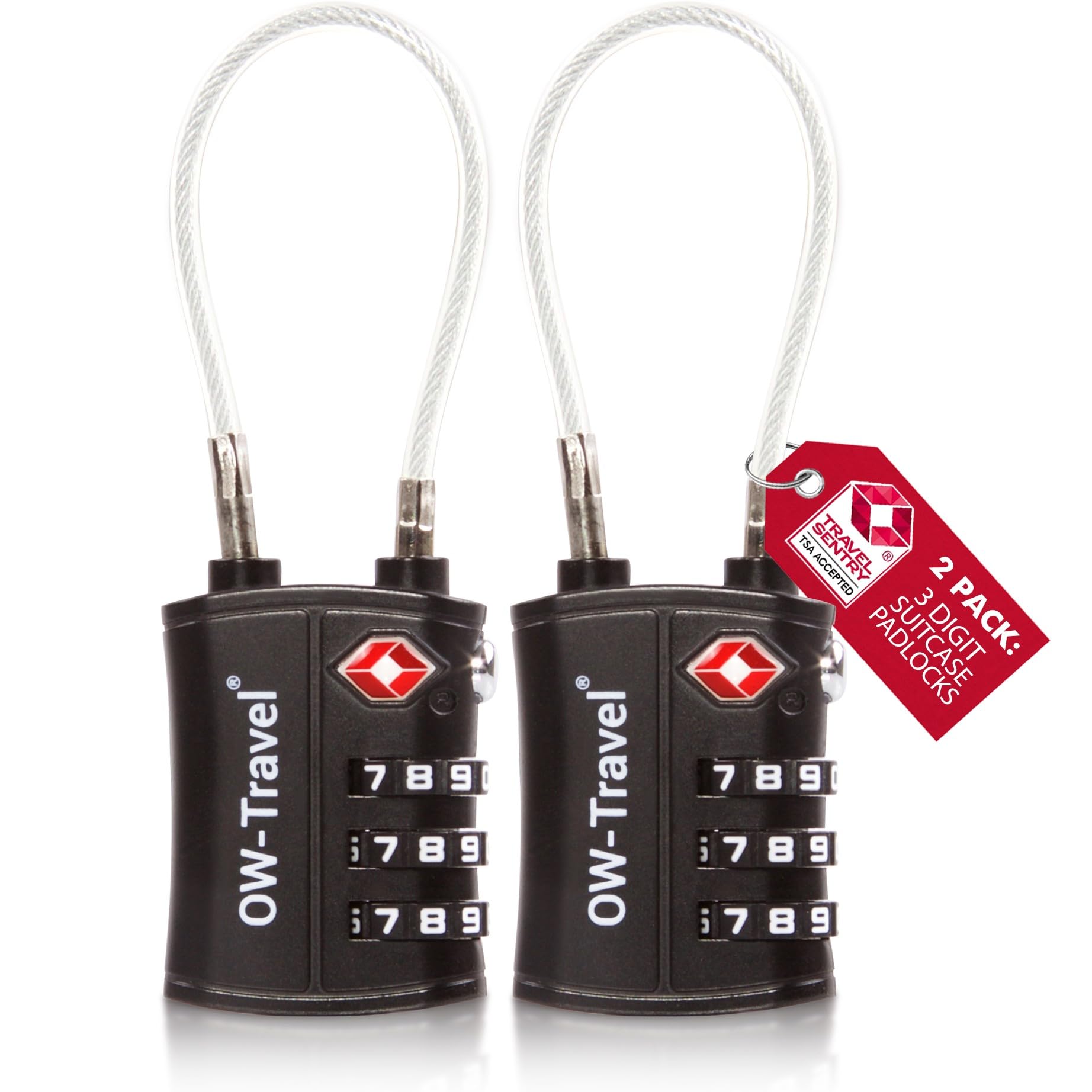 OW-Travel TSA Approved Luggage Locks Suitcase Locks (2 Pack Black) 3 Digit Flexible Cable Suitcase Padlock. Travel Bag Combination Luggage Padlocks for Suitcases. TSA Travel Lock for Bags and Cases