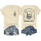 Ithalt Womens Mama Shirt Mom Life Shirts Skeleton Mother Printed T-Shirt Rock and Roll Short Sleeve Tops