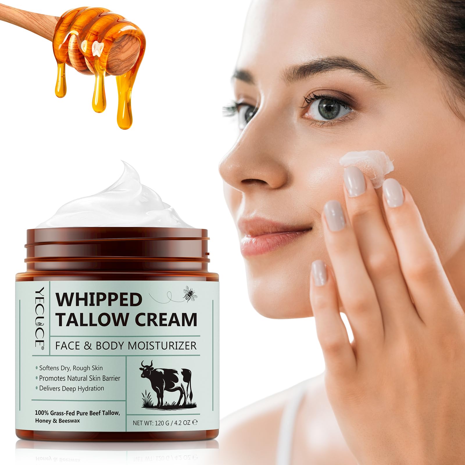 Whipped Beef Tallow and Honey Balm for Skin, Grass-Fed All-Natural Moisturizer Cream for Face and Body, Hydrating Unscented Skin care for All Skin Types, Lasting Moisturizing (Large)