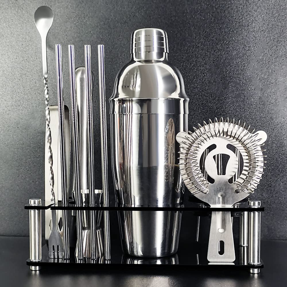 Bartender Kit, 13 Piece Cocktail Shaker Set Stainless Steel Bar Tools with Black Stand, 25 oz Shaker, Jigger, Spoon, Pourers, Muddler, Strainer, Tongs, Recipes - Image 2