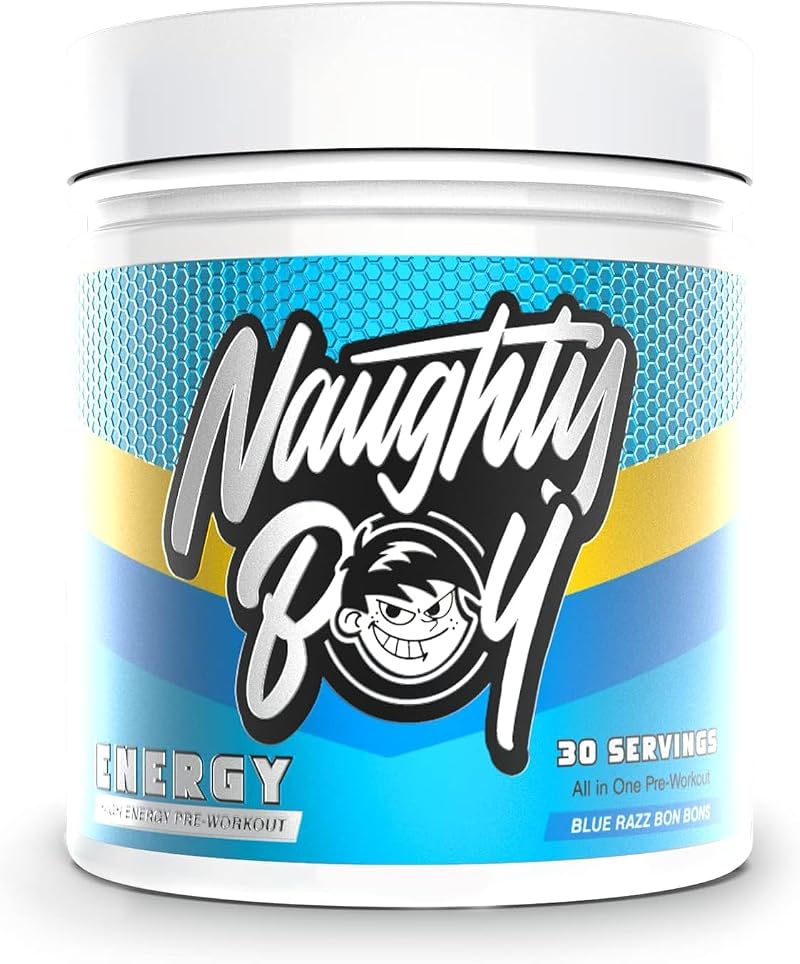 Naughty Boy Energy Pre-Workout Powder Blue Razz Bon Bon 30 Servings 200mg
