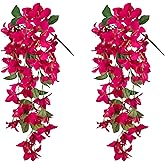 2PCS Bougainvillea Artificial Hanging Flowers Plants for Outdoors Outside Fall Decoration, Faux Silk Flowers Fake Vines UV Resistant Look Real Realistic for Front Door Porch Planter Balcony, Hotpink