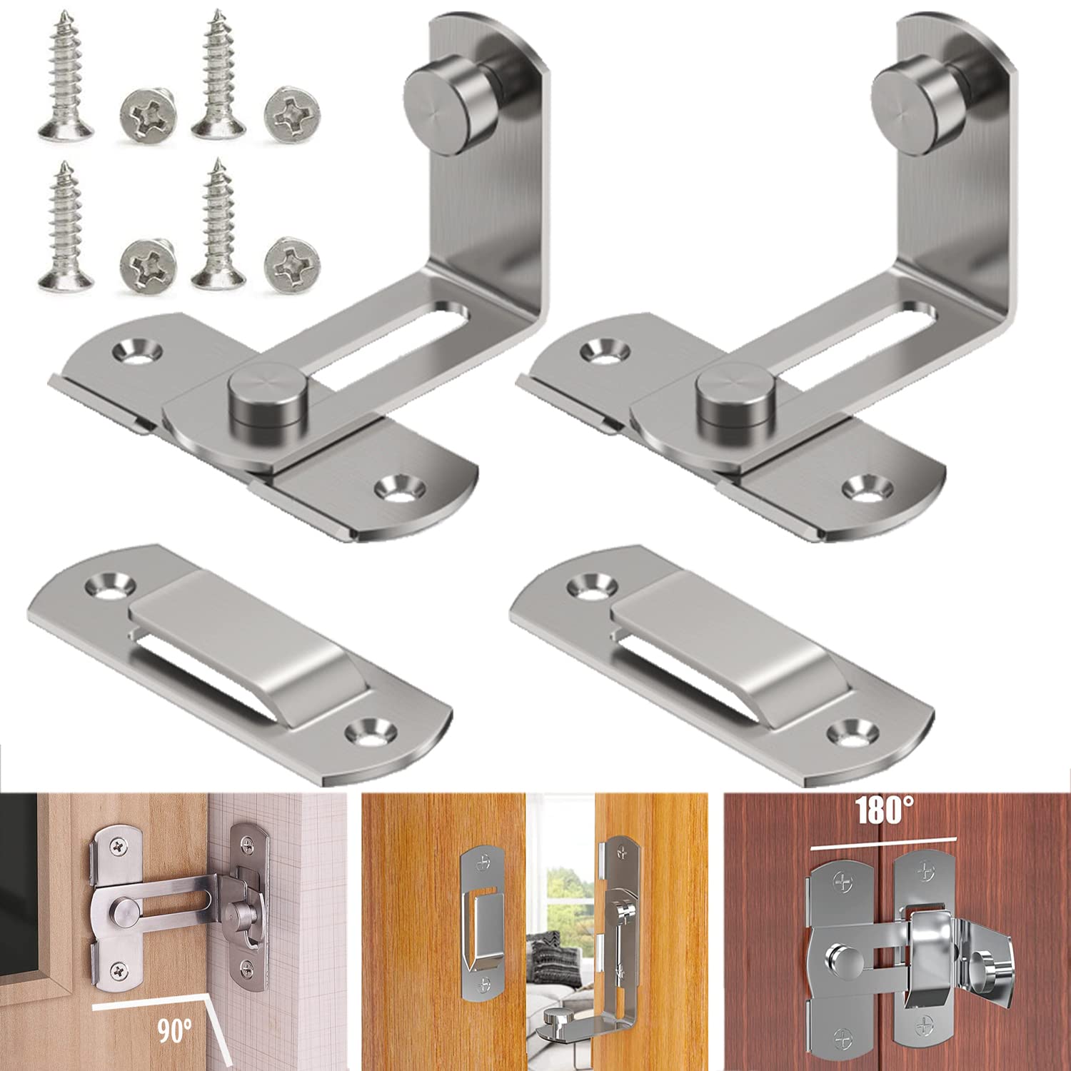 2 Pcs Door Lock Bolt Stainless Steel Door Latch Sliding Barn Door Lock Flip Gate Latch 90 Degree Right Angle Bedroom Door Lock for Toilet Shed Door Window Wine Cabinet Pet Gate Closet Door Silver(S)