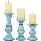 Deco 79 Mango Wood Decorative Candle Holder Distressed Turned Pillar Candle Stand, Set of 3 Candlestick Holder 6", 8", 10"H, 