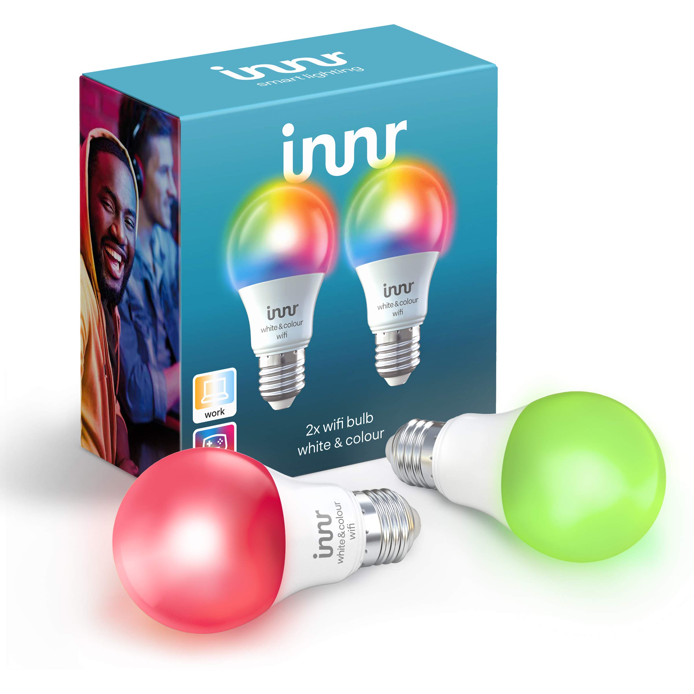 Innr WiFi Smart Bulb E27, White & Colour, Works with Alexa & Hey Google (No Hub Required), Dimmable, 16 Million Colours, Full Control with Innr App, 9.5W = 60W Equivalent, 2-Pack, WRB 785 C-2