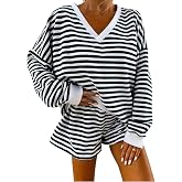 SEGT Women's 2 Piece Striped Lounge Sets V Neck Long Sleeve Top Pajama Set Shorts Cozy Loungewear