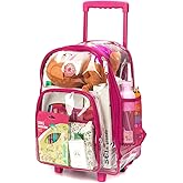 K-Cliffs Rolling Clear Backpack Heavy Duty Bookbag Quality See Through Workbag Travel Daypack Transparent School Book Bags w/Wheels Hot Pink