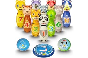 BALLAZIO Kids Bowling Toy Set,10 Pins & 2 Balls & 1 Frisbee,Made of Soft PU Material,Ages 3+,Safe Baby Bowling Balls for Boys & Girls,Fun Indoor Bowling Game for Toddlers (Animals)
