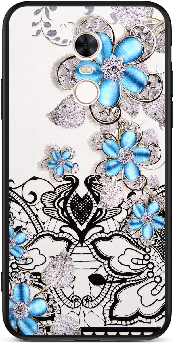 Robinsoni Case Compatible with Xiaomi Redmi 5 Plus Ultra Soft Silicone Gel TPU Cover Lace Flower Printed Diamond 3D Embedded Case Transparent Clear View Shinning Glitter Sparkle Case Cover